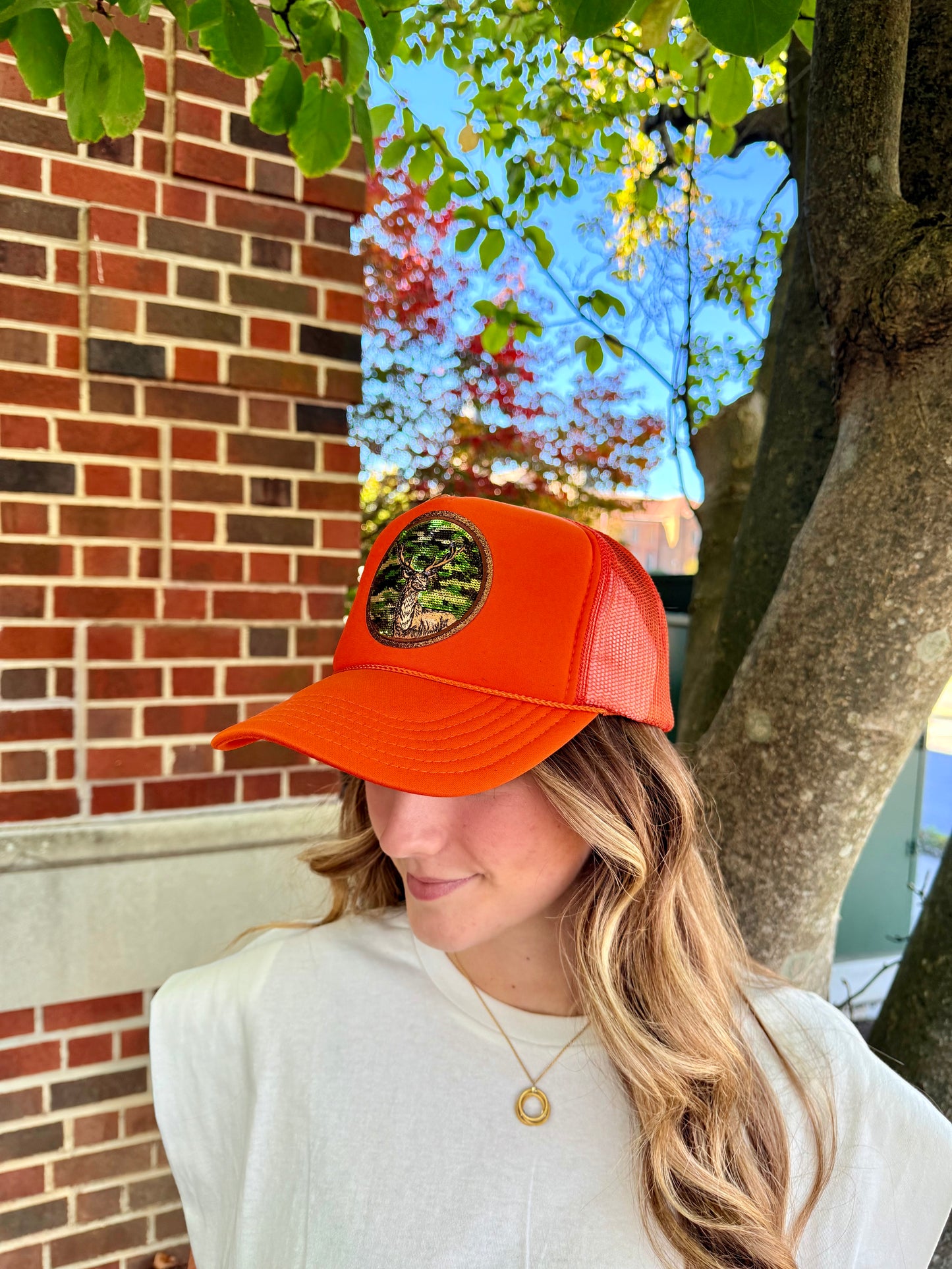Orange Deer Sequin Trucker Hat