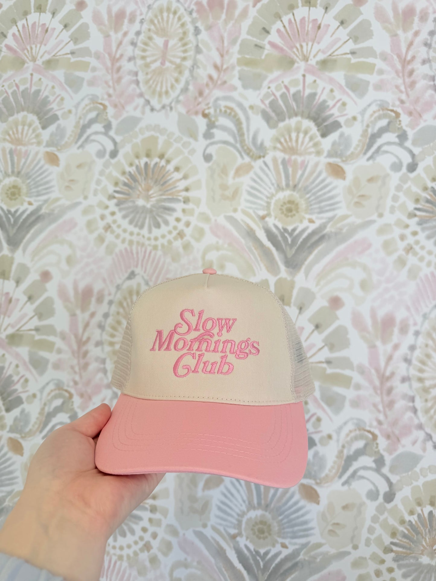 Slow Mornings Club Trucker Hat Pink/Tan