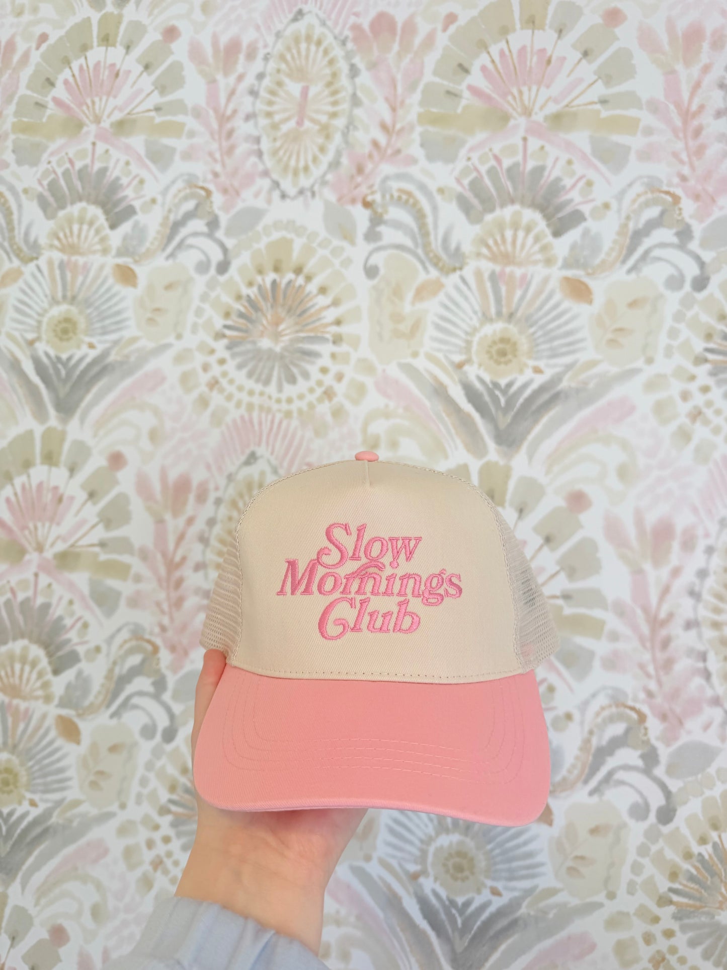 Slow Mornings Club Trucker Hat Pink/Tan