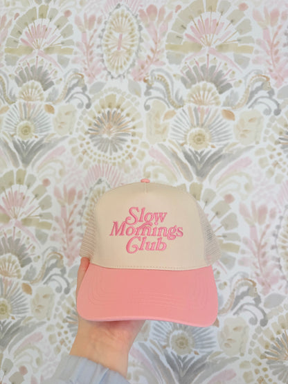 Slow Mornings Club Trucker Hat Pink/Tan