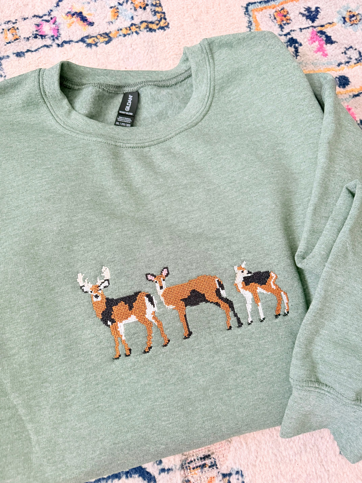 Sage Green Cross Stitch Deer Gildan Sweatshirt