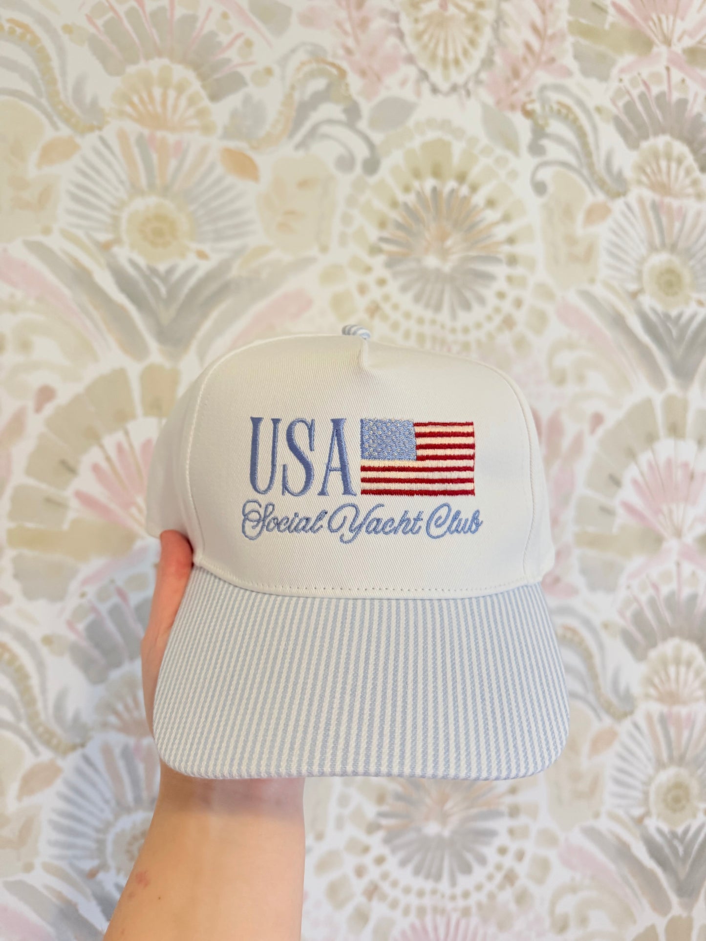 USA Social Yacht Club Blue/White Striped Trucker Hat