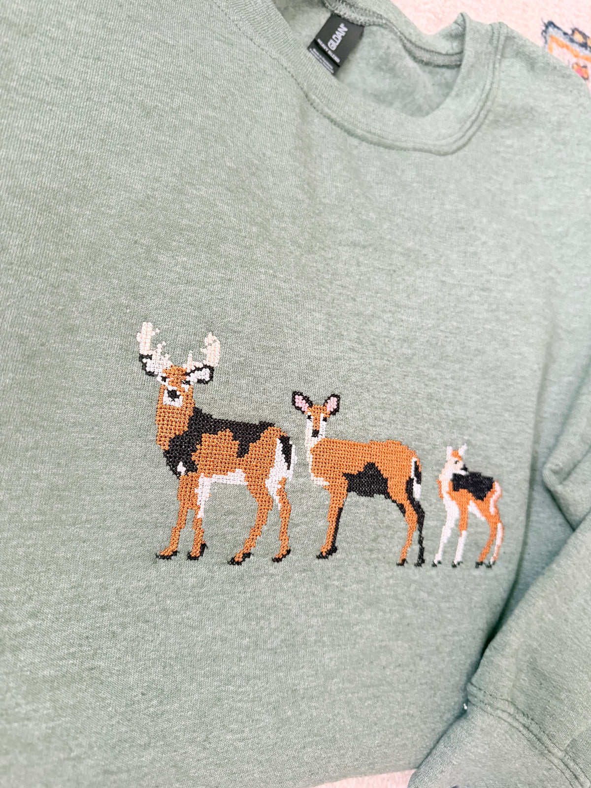 Sage Green Cross Stitch Deer Gildan Sweatshirt