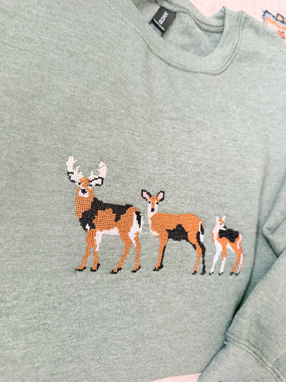 Sage Green Cross Stitch Deer Gildan Sweatshirt