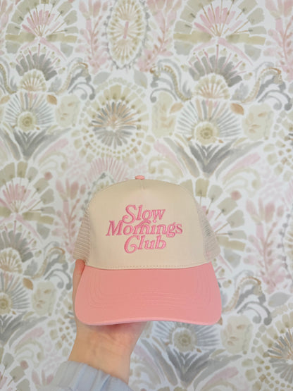 Slow Mornings Club Trucker Hat Pink/Tan