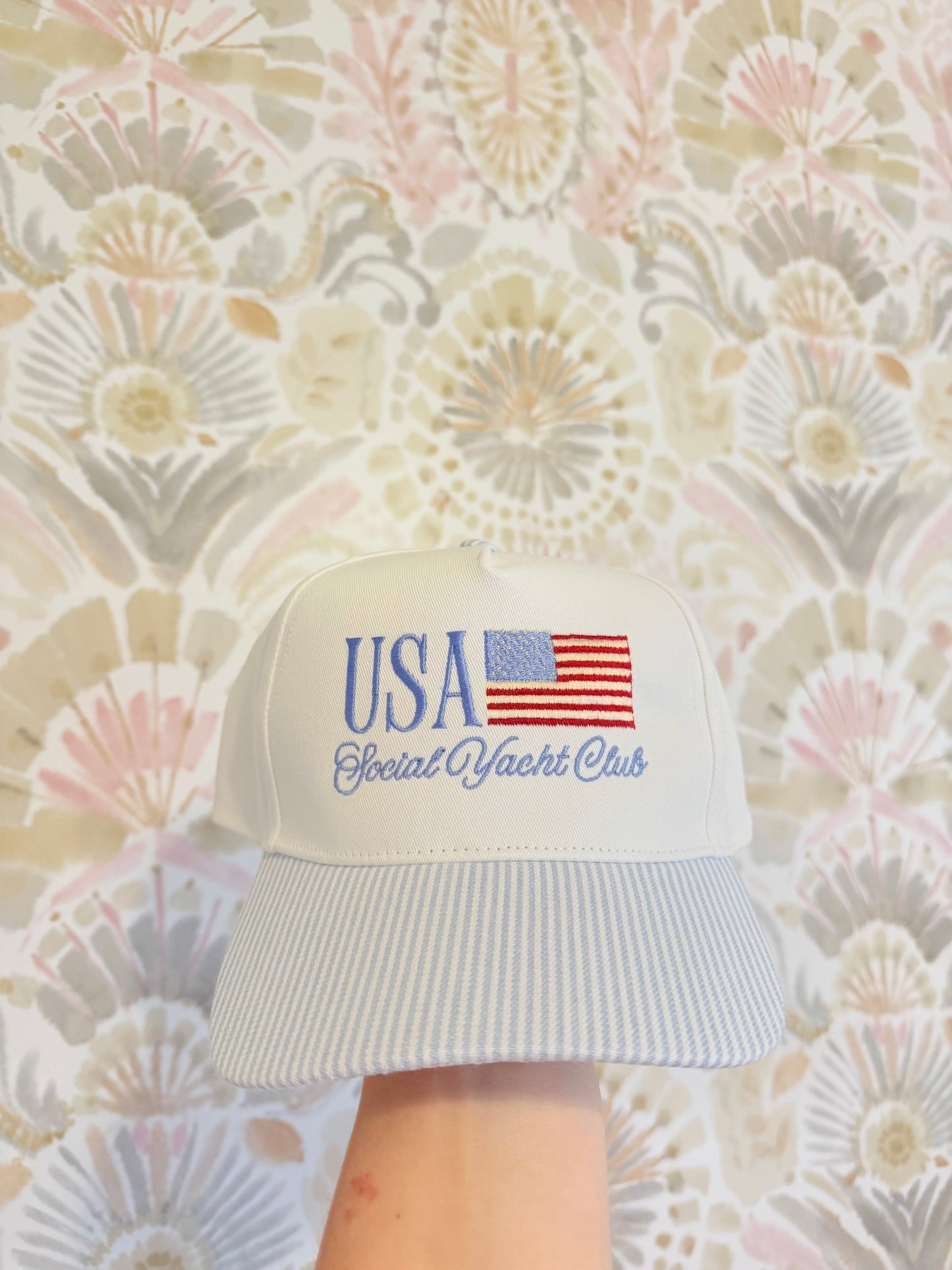 USA Social Yacht Club Blue/White Striped Trucker Hat