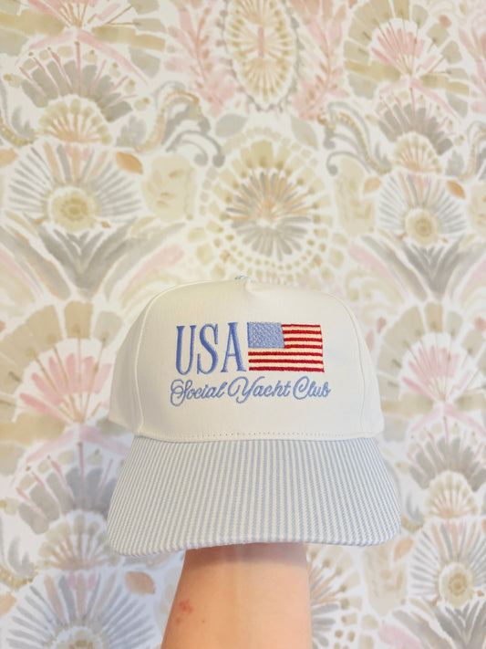 USA Social Yacht Club Blue/White Striped Trucker Hat