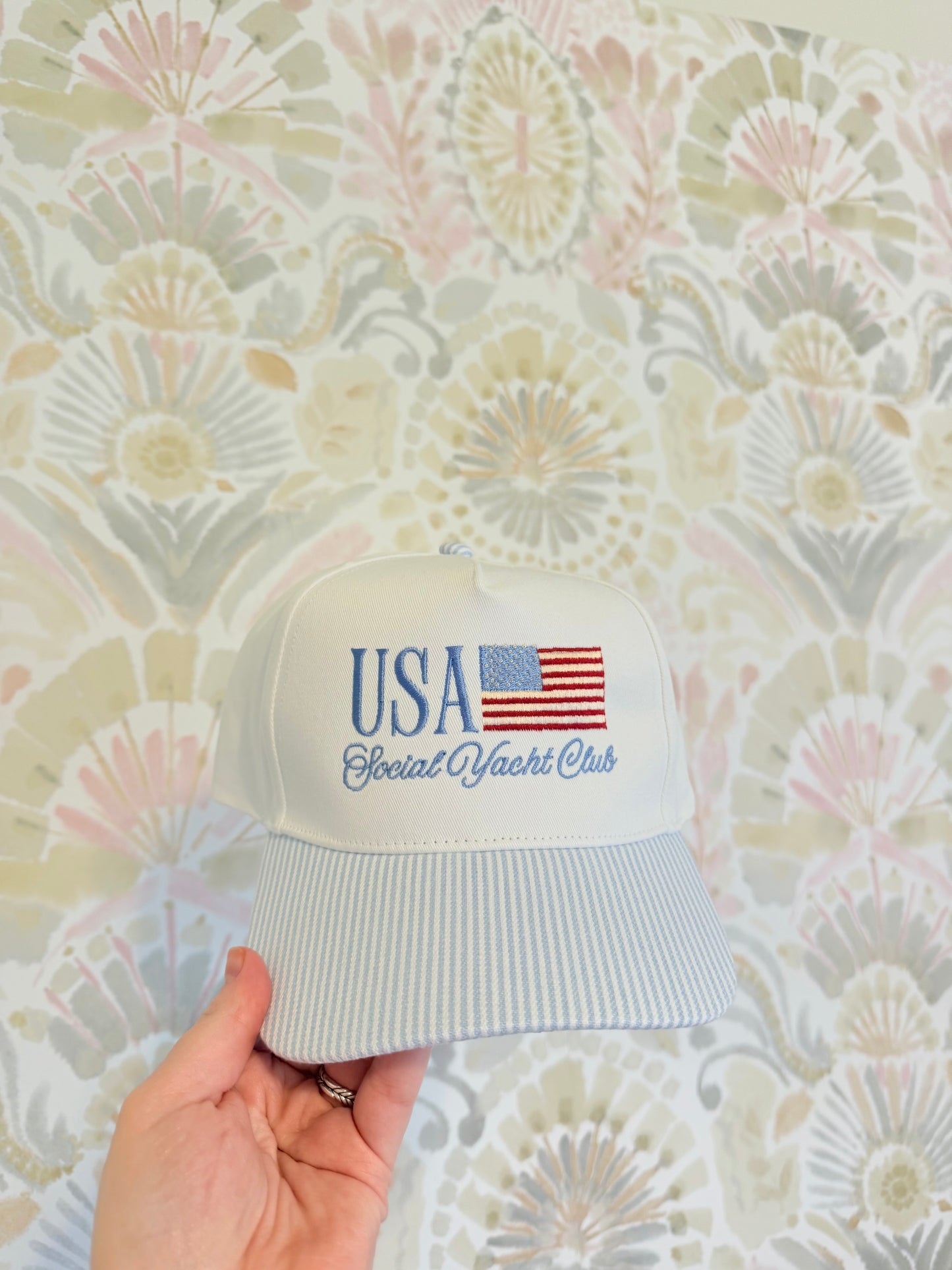 USA Social Yacht Club Blue/White Striped Trucker Hat