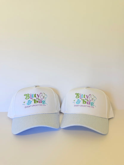 CUSTOM logo (Blue & White Striped) Trucker Hat