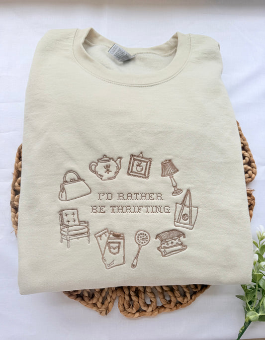Id Rather Be Thrifting Tan Gildan Embroidered Sweatshirt
