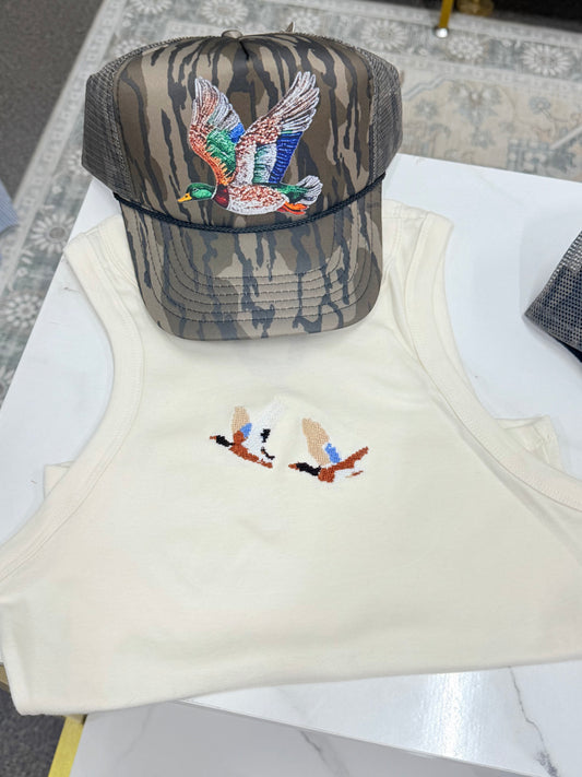 Tan Embroidered Cross Stitch Duck Tank Top