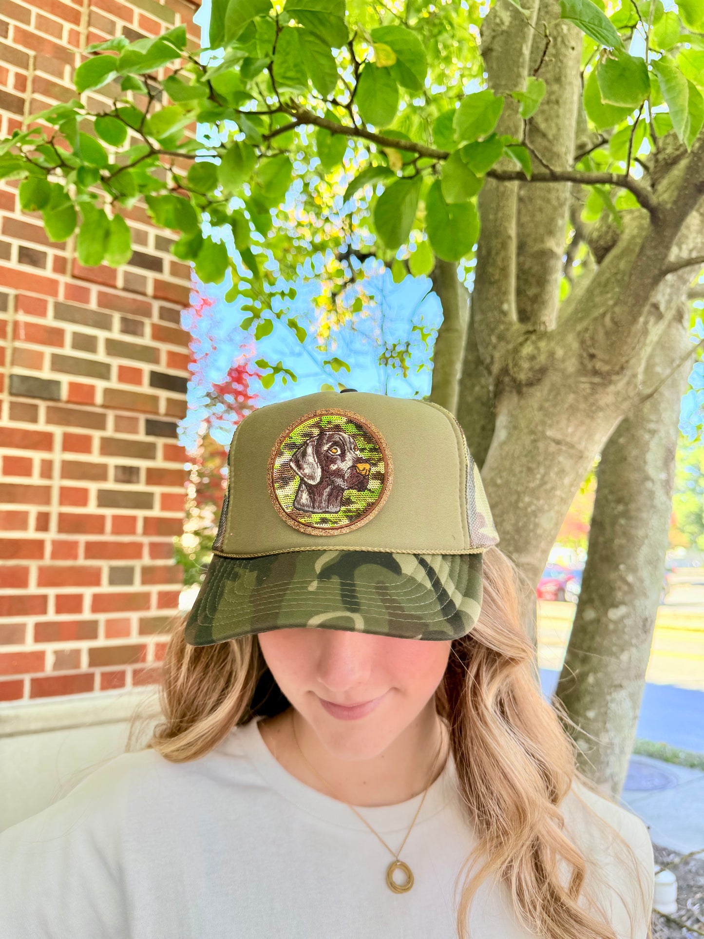 Chocolate Lab Sequin CAMO Trucker Hat